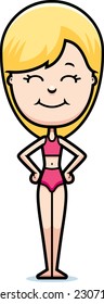 A cartoon illustration of a teen girl in a swimsuit happy and smiling.