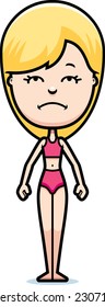 A cartoon illustration of a teen girl in a swimsuit looking sad.