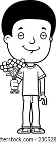 A cartoon illustration of a teenage boy with flowers.