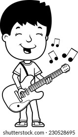 A cartoon illustration of a teenage boy playing an electric guitar.