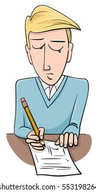 Cartoon Illustration of Teenage Boy Student Doing a Test