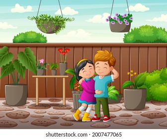 Cartoon illustration of a teenage couple in a garden