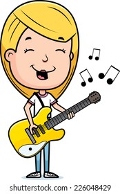 A cartoon illustration of a teenage girl playing an electric guitar.
