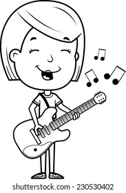 A cartoon illustration of a teenage girl playing an electric guitar.