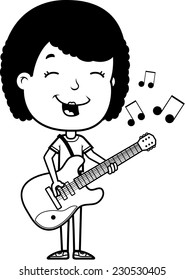 A cartoon illustration of a teenage girl playing an electric guitar.