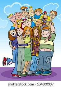 cartoon illustration of teenagers group in a hug