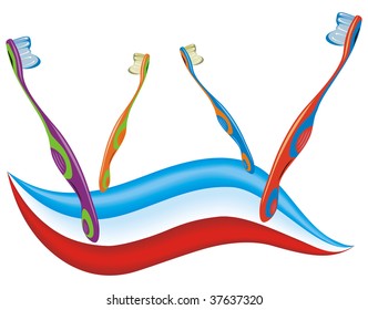 Cartoon illustration from teeth care concept, four colored toothbrushes with toothpaste