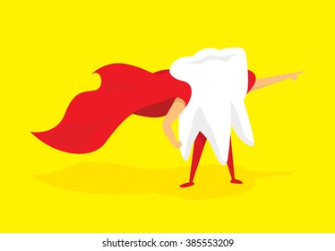 Cartoon illustration of teeth super hero with cape 