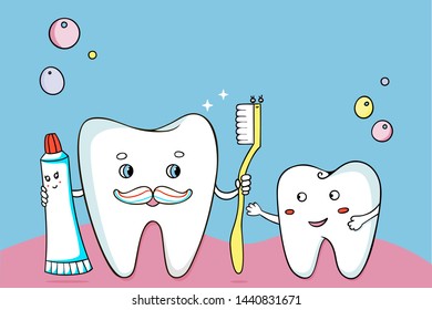 Cartoon illustration with teeth, toothbrush and toothpaste. Father tooth teaches son to brush teeth. Boy tooth is happy.