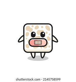 Cartoon Illustration of tempeh with tape on mouth , cute design