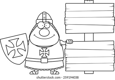 A cartoon illustration of a Templar knight with a sign.