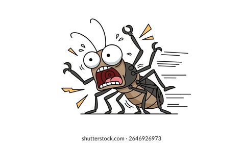 Cartoon illustration of a terrified cricket with wide eyes and an open mouth expressing extreme fear and panic in a moment of intense distress