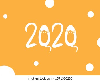 Cartoon illustration and text 2020 with rat for holiday theme . Greeting card for Merry Christmas and Happy New Year. Vector illustration.