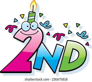 A cartoon illustration of the text 2nd with a birthday candle and confetti.
