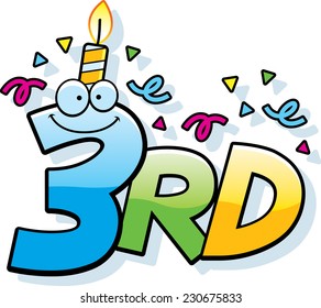 A cartoon illustration of the text 3rd with a birthday candle and confetti.