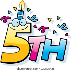 A cartoon illustration of the text 5th with a birthday candle and confetti.