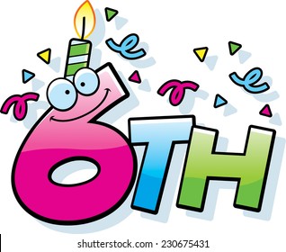 A cartoon illustration of the text 6th with a birthday candle and confetti.