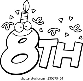 A cartoon illustration of the text 8th with a birthday candle and confetti.