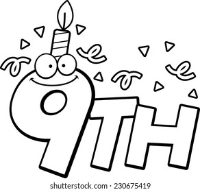 A cartoon illustration of the text 9th with a birthday candle and confetti.
