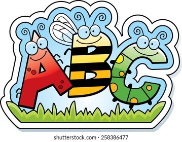 A cartoon illustration of the text ABC with an insect theme.