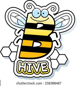 A cartoon illustration of the text B Hive with a bee theme.