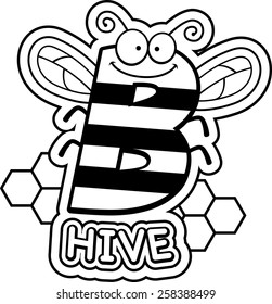 A cartoon illustration of the text B Hive with a bee theme.