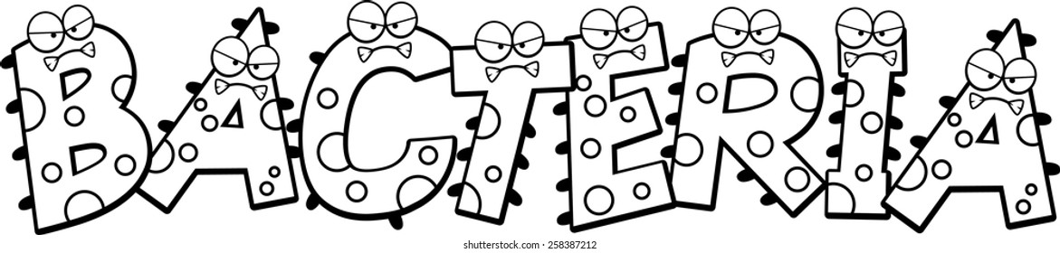 A cartoon illustration of the text Bacteria with a germ theme.