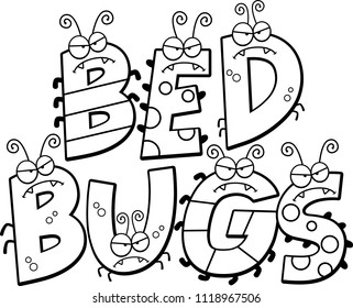 A cartoon illustration of the text bed bugs with bugs.