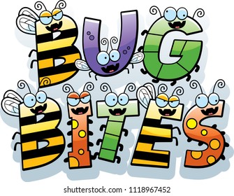 A cartoon illustration of the text bug bites with a bug theme.