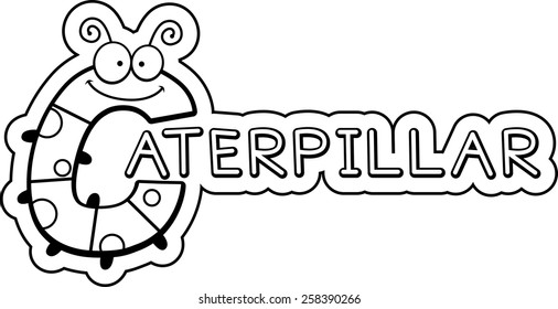 A cartoon illustration of the text Caterpillar with a caterpillar theme.
