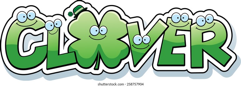 A cartoon illustration of the text Clover with a Saint Patrick's Day theme.