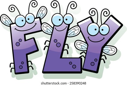 A cartoon illustration of the text Fly with a fly theme.