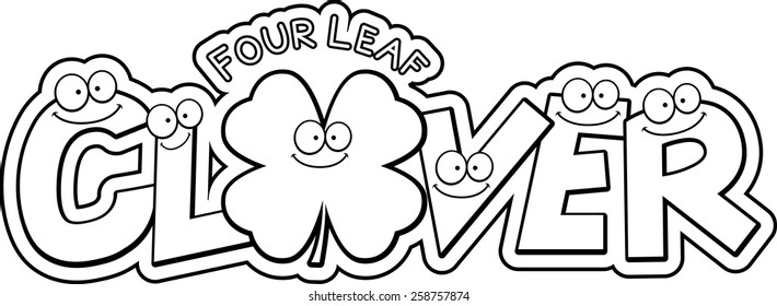 A cartoon illustration of the text Four Leaf Clover with a Saint Patrick's Day theme.