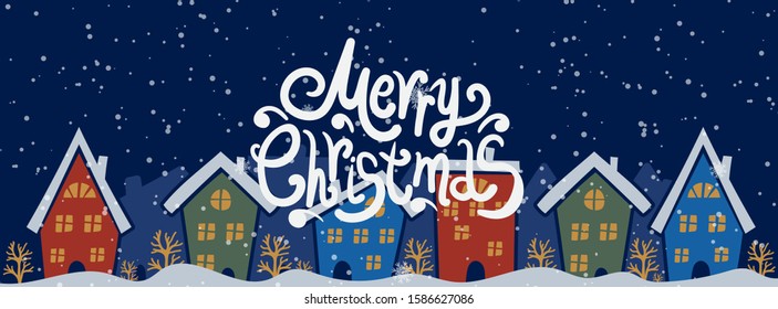 Cartoon illustration  with text for holiday theme, winter background with trees and snow. Banner for Merry Christmas and Happy New Year.Vector illustration.