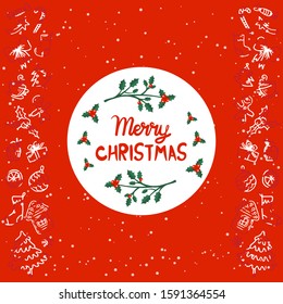 Cartoon illustration and text for holiday theme on winter background with trees and snow. Greeting card for Merry Christmas and Happy New Year. Vector illustration.