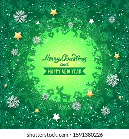 Cartoon illustration and text for holiday theme on winter background with trees and snow. Greeting card for Merry Christmas and Happy New Year. Vector illustration.