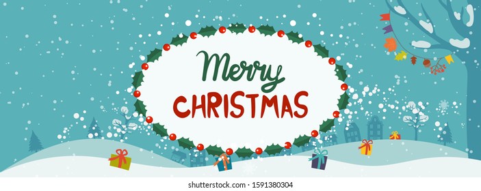 Cartoon illustration  with text for holiday theme, winter background with trees and snow. Banner for Merry Christmas and Happy New Year.Vector illustration.