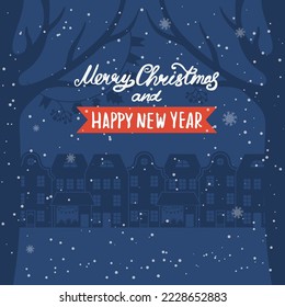 Cartoon illustration and text for holiday theme on winter background with trees and snow. Greeting card for Merry Christmas and Happy New Year.Vector illustration.