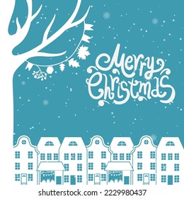 Ilustración de dibujos animados y texto para el tema de las vacaciones en el fondo invernal con árboles y nieve. Tarjeta de saludo para Feliz Navidad y Feliz Año Nuevo. Ilustración vectorial.