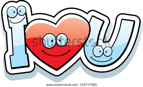 A cartoon illustration of the text I love U with a heart theme.