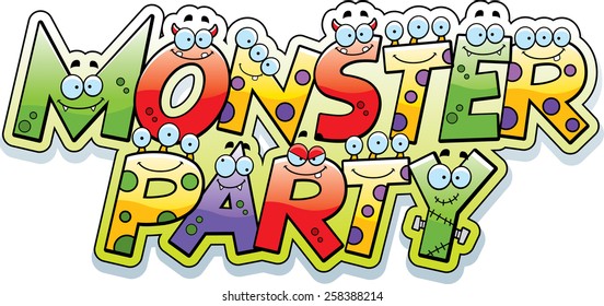 A cartoon illustration of the text Monster Party with a monster theme.