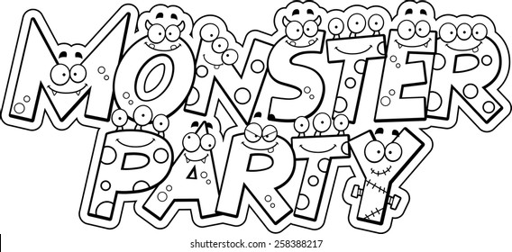 A cartoon illustration of the text Monster Party with a monster theme.