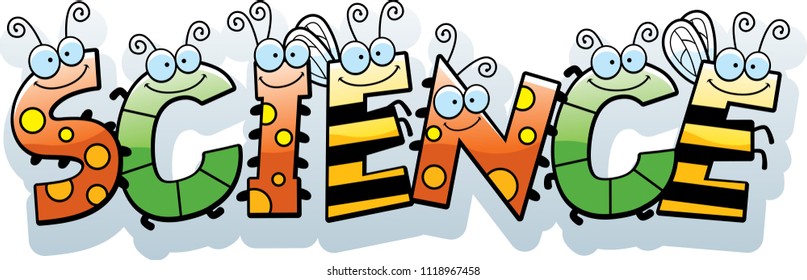 A cartoon illustration of the text science with a bug theme.