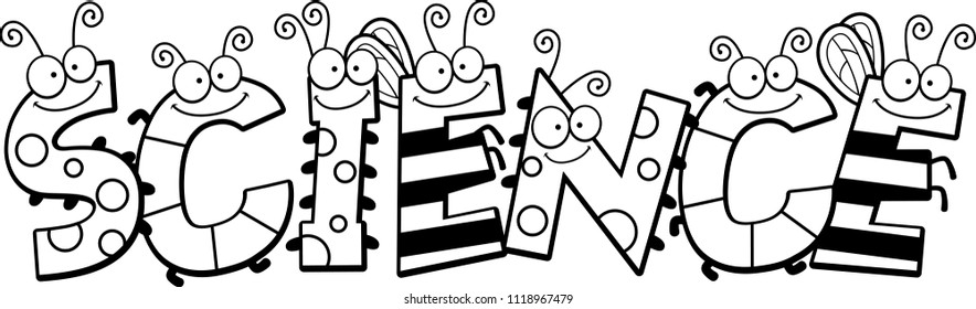 A cartoon illustration of the text science with a bug theme.