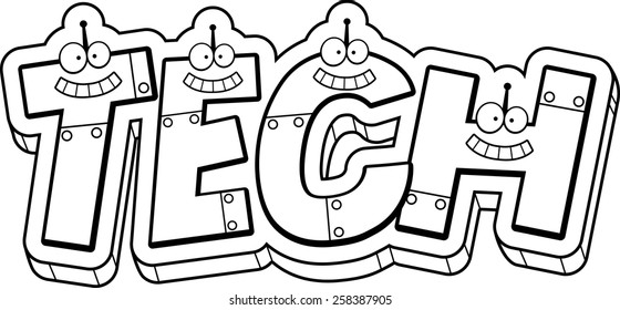 A cartoon illustration of the text Tech with a robot theme.