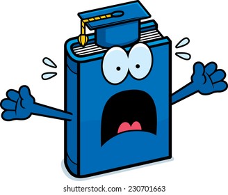 A cartoon illustration of a textbook looking scared.