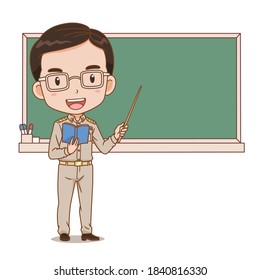 Cartoon illustration of Thai male teacher holding a stick in front of blackboard. 