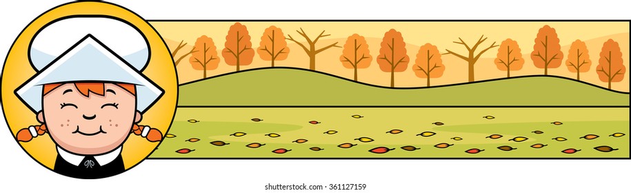 A cartoon illustration of a Thanksgiving graphic with a Pilgrim girl.