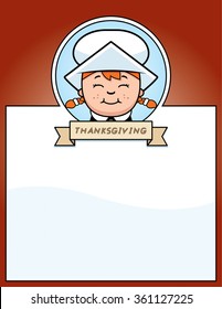 A cartoon illustration of a Thanksgiving graphic with a Pilgrim girl.