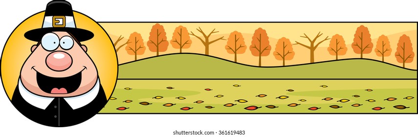 A cartoon illustration of a Thanksgiving graphic with a Pilgrim.